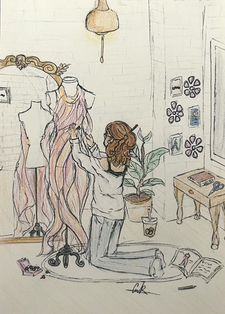 Fashion illustration of a woman at a dress form, dreamy and creative, representing The Pivot.