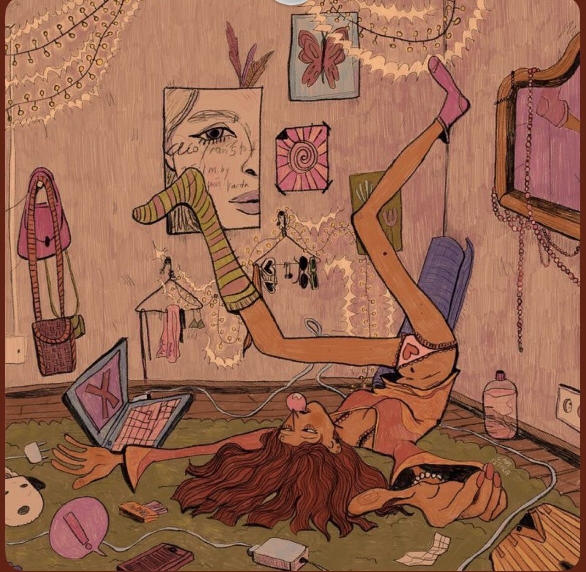 Illustrated chaotic bedroom scene with a woman lying on the floor surrounded by mess and a laptop, representing The Imposter.